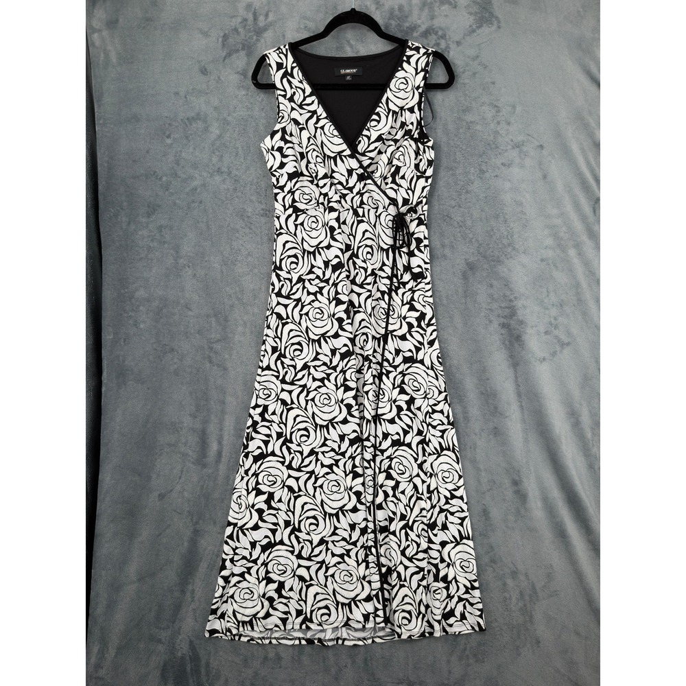 Glamour Dress Womens Size 10 Petite Floral Faux Wrap Midi Side Tie Black Knit